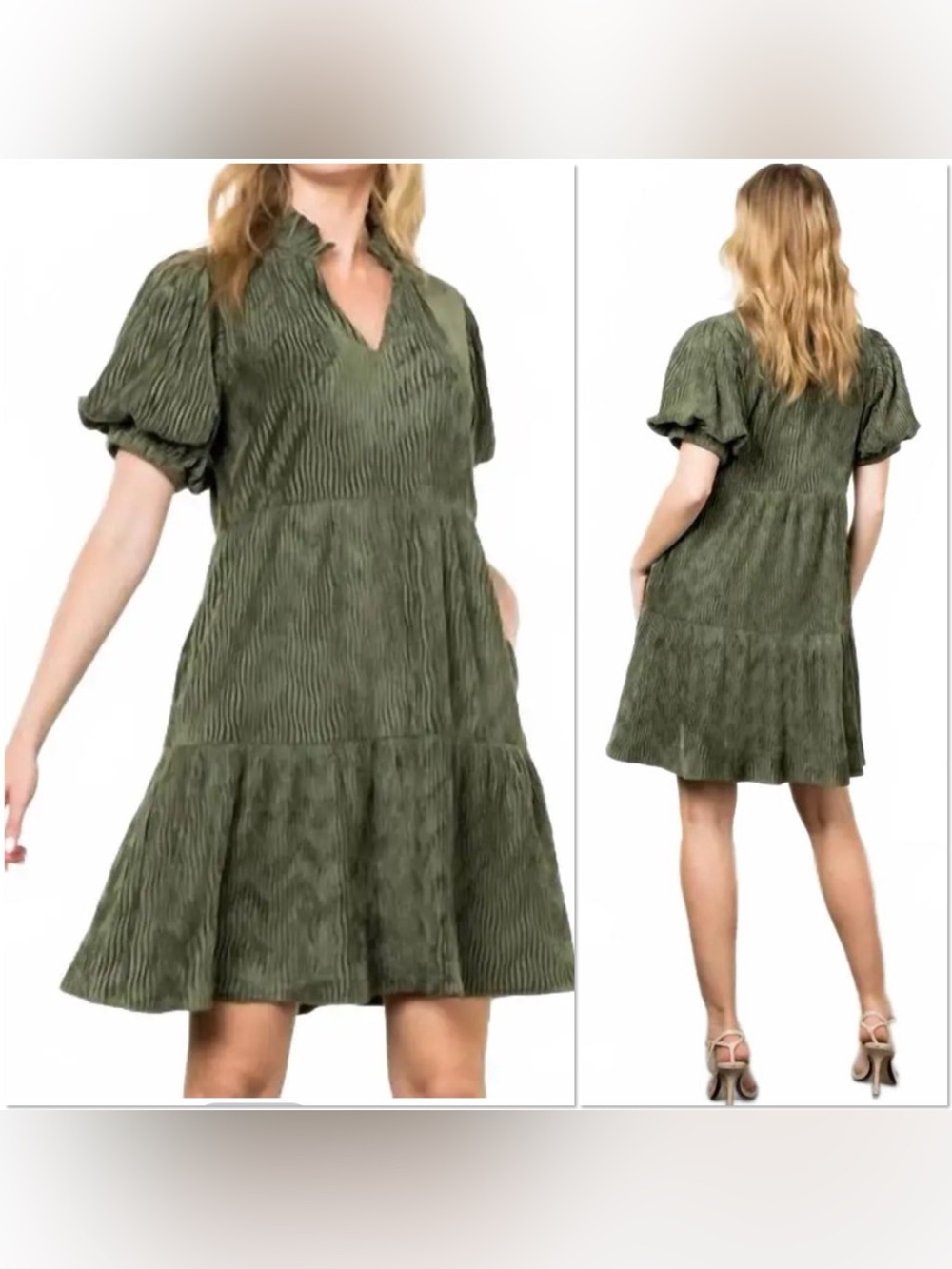 THML olive green v-neck puff sleeve velvet oversized tiered dress S
